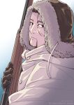  1boy arisaka black_eyes black_hair bolt_action brown_gloves cloak decoy00xx expressionless facial_hair gloves goatee golden_kamuy gun hair_strand holding holding_weapon hood hood_up hooded_cloak looking_at_viewer male_focus ogata_hyakunosuke rifle scar scar_on_cheek scar_on_face short_hair solo stubble upper_body weapon 