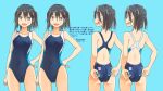  1girl adjusting_clothes adjusting_swimsuit barefoot black_hair blue_background blue_swimsuit breasts brown_eyes competition_swimsuit cowboy_shot kantai_collection kusakabe_(kusakabeworks) looking_at_viewer multicolored multicolored_clothes multicolored_swimsuit multiple_views one-piece_swimsuit sendai_(kantai_collection) short_hair simple_background small_breasts standing swimsuit swimsuit_under_clothes translation_request two_side_up variations 