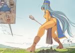  1girl blue_hair blue_tabard bodysuit boots brown_footwear clouds commentary_request dragon_quest dragon_quest_iii giantess hat highres holding holding_staff hood_(dragon_quest) house knight long_hair mitre monster open_mouth orange_bodysuit priest_(dq3) print_headwear red_eyes seo_tatsuya skeleton skeleton_(dragon_quest) sky slime_(dragon_quest) staff tabard tree 