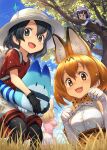  :3 :d animal_ears backpack bag bare_shoulders black_gloves black_legwear blue_sky blurry_foreground blush bow bowtie brown_eyes climbing_tree clouds common_raccoon_(kemono_friends) day elbow_gloves fennec_(kemono_friends) fox_ears fox_tail gloves grass grey_shorts guchico hat hat_feather kaban_(kemono_friends) kemono_friends looking_at_viewer lucky_beast_(kemono_friends) open_mouth orange_eyes orange_hair outdoors pantyhose paw_pose pink_skirt raccoon_ears raccoon_tail red_shirt savannah serval_(kemono_friends) serval_ears serval_print shirt short_sleeves shorts skirt sky smile tail tree white_gloves 