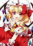  1girl ascot bangs blonde_hair bow collared_shirt crystal eyebrows_visible_through_hair flandre_scarlet hair_bow hat hat_ribbon highres looking_at_viewer medium_hair mob_cap open_mouth puffy_short_sleeves puffy_sleeves red_bow red_eyes red_ribbon red_skirt red_vest ribbon ruu_(tksymkw) shirt short_sleeves side_ponytail simple_background skirt skirt_set smile solo standing touhou vest white_background white_headwear wings wrist_cuffs yellow_neckwear 