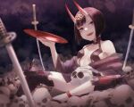  1girl alcohol ankle_ribbon black_hair bob_cut commentary cup fangs fate/grand_order fate_(series) head_tilt headpiece holding holding_skull horns japanese_clothes katana kimono looking_at_viewer milk_tea1325 night night_sky oni_horns open_clothes open_kimono open_mouth outdoors pile_of_skulls purple_kimono red_ribbon revealing_clothes ribbon sakazuki sake short_hair shuten_douji_(fate/grand_order) sitting skull sky smile solo star_(sky) sword violet_eyes weapon 