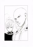  2boys absurdres bald bodysuit border cape closed_mouth genos greyscale highres monochrome multiple_boys murata_yuusuke official_art one-punch_man saitama_(one-punch_man) sanpaku short_hair white_border 