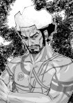  1boy beard black_eyes black_hair collarbone facial_hair golden_kamuy highres izurunet male_focus monochrome multicolored_hair muscle nihei_tetsuzou scar scar_on_forehead shirtless tattoo two-tone_hair upper_body white_hair 