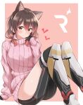  1girl animal_ear_fluff animal_ears arm_support black_gloves black_legwear border breasts brown_hair cat_ears gloves gradient greaves hand_on_own_chest hand_up heart highres hololive initial jiino knees large_breasts light_smile long_hair looking_to_the_side low_twintails pink_background pink_sweater redhead ribbon roboco-san short_twintails sitting sleeves_past_wrists solo sweater thighs twintails white_border yellow_eyes 