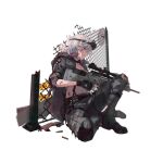  1girl artist_request assault_rifle black_gloves blood blood_on_face boots breasts camouflage camouflage_jacket camouflage_pants choker commentary commentary_request damaged eyebrows_visible_through_hair eyewear_on_head fingerless_gloves girls_frontline gloves gun hair_between_eyes holding holding_weapon jacket looking_at_viewer medium_hair official_art pants rifle shuzi silver_hair sitting_on_floor sl8_(girls_frontline) solo transparent_background violet_eyes weapon 