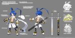  1boy alternate_color alternate_costume antenna_hair belt black_legwear blue_hair bracelet cross disgaea disgaea_rpg fang gauntlets harada_takehito jewelry laharl light_persona official_art open_mouth pointy_ears red_eyes scarf shirtless shoes shorts smile solo sword translation_request weapon wings 
