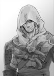  1boy assassin&#039;s_creed_(series) assassin&#039;s_creed_iv:_black_flag black_eyes character_request cosplay edward_kenway edward_kenway_(cosplay) facial_hair gradient gradient_background gun hood izurunet knife long_sleeves looking_at_viewer monochrome simple_background solo stubble upper_body weapon 
