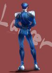  1boy armor ass back beads blue_hair bodysuit character_name cu_chulainn_(fate)_(all) earrings fate/stay_night fate_(series) from_behind full_body hair_beads hair_ornament hands_on_hips jewelry kourioni lancer long_hair male_focus muscle pauldrons ponytail shoulder_armor simple_background skin_tight solo spiky_hair standing twitter_username type-moon 