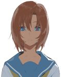  1girl blue_eyes blue_sclera brown_hair closed_mouth eyebrows_visible_through_hair hair_between_eyes higurashi_no_naku_koro_ni iku_(ikuchan_kaoru) ryuuguu_rena short_hair simple_background solo upper_body washing_back 