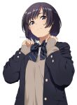  1girl bangs black_bow black_hair black_jacket bow brown_sweater collared_shirt diagonal_stripes dress_shirt eyebrows_behind_hair grey_eyes hands_up jacket long_sleeves looking_at_viewer mattaku_mousuke open_clothes open_jacket original school_uniform shirt short_hair simple_background sleeves_past_wrists solo striped striped_bow sweater twitter_username white_background white_shirt 