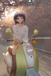  1girl absurdres artist_name bangs black_legwear blurry blurry_background closed_mouth commentary_request day depth_of_field gao_guangyue ground_vehicle highres honkai_(series) honkai_impact_3rd leaf long_hair looking_at_viewer motor_vehicle motorcycle outdoors ponytail purple_hair raiden_mei road shiny shiny_hair smile solo straddling sunlight thigh-highs tree violet_eyes 