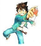  1boy blue_pants denim eyeshield_21 fingernails foreshortening green_eyes green_hair green_jacket grin highres holding jacket jeans kobayakawa_sena long_sleeves looking_at_viewer male_focus murata_yuusuke official_art open_clothes open_jacket paint_can pants sanpaku scan shoes simple_background smile solo spiky_hair standing standing_on_one_leg sweater traditional_media white_background 