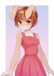  1girl animal_ears bangs bare_shoulders blush border breasts brown_hair chromatic_aberration closed_mouth collarbone commentary dress english_commentary eyebrows_visible_through_hair furry gradient gradient_background highres looking_at_viewer medium_breasts methynecros original outside_border pink_dress purple_background rabbit_ears rabbit_girl red_eyes shiny shiny_hair short_hair sidelocks simple_background sleeveless sleeveless_dress solo standing upper_body white_border 