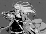  1boy beard belt coat facial_hair fighting_stance foxvulpine golden_kamuy greyscale hijikata_toshizou_(golden_kamuy) holding holding_sword holding_weapon katana long_hair male_focus monochrome old_man open_clothes open_coat scar scar_on_face simple_background solo sword upper_body weapon wind wind_lift wrinkles 