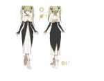  1girl alternate_costume aqua_eyes bangs character_sheet chinese_commentary detached_sleeves eyebrows_visible_through_hair from_behind green_hair hatsune_miku headset high_heels highres multiple_views open_hands rzx0 smile twintails vocaloid white_footwear 