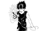  1boy arm_tattoo bandages bare_shoulders dragon_tattoo fingernails greyscale hair_between_eyes hiei_(yuu_yuu_hakusho) highres holding_bandages iku_(ikuchan_kaoru) male_focus monochrome open_hand parted_lips simple_background smile solo spiky_hair tattoo third_eye torn torn_clothes white_background yuu_yuu_hakusho 