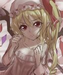  1girl :t akane_hazuki bed bed_sheet blonde_hair bow closed_mouth collarbone crystal drill_hair eyebrows_visible_through_hair eyelashes flandre_scarlet flat_chest frills hair_between_eyes hat hat_bow long_sleeves looking_at_viewer medium_hair mob_cap nightgown one_side_up pointy_ears pout red_bow red_eyes shadow sidelocks solo touhou upper_body v-shaped_eyebrows white_headwear wings 