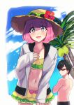  1boy 1girl bangs bikini bikini_skirt dan_kuroto jacket kamen_rider kamen_rider_ex-aid_(series) looking_at_viewer looking_back open_mouth palm_tree pink_hair poppi_pipopapo sky smile sun_hat sunglasses swimsuit swimsuit_skirt swimsuit_under_clothes watermark 