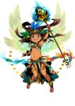  1girl ankh arm_up armlet armpits bangs black_hair blue_eyes dark_skin dark-skinned_female earrings egyptian egyptian_clothes eyebrows_visible_through_hair feathers fire floating_hair full_body gold gold_earrings gold_trim hair_feathers headdress highres himukai_yuuji holding holding_staff ings jewelry long_hair looking_at_viewer navel necklace open_mouth simple_background solo staff upper_teeth white_background wrist_cuffs 