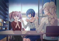  3girls :d absurdres bare_shoulders blue_eyes claw_pose closed_eyes hands_together highres index_finger_raised kaname_madoka long_hair mahou_shoujo_madoka_magica miki_sayaka multiple_girls open_mouth oriko_gazer pink_eyes short_hair smile tomoe_mami 