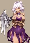  1girl :/ angel_wings arms_under_breasts ascot bangs beige_background beige_jacket braid breasts brooch cleavage_cutout closed_mouth clothing_cutout covered_navel cowboy_shot dress eyebrows_visible_through_hair eyelashes french_braid highres jewelry kishin_sagume large_breasts looking_to_the_side no_panties orange_eyes purple_dress raptor7 short_hair silver_hair simple_background single_wing solo standing symbol_commentary thighs touhou wavy_hair white_neckwear wings 
