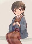  1girl alternate_costume black_hair brown_eyes brown_kimono cookie food grey_background happi hiburi_(kantai_collection) japanese_clothes kantai_collection kimono low_ponytail senbei short_hair simple_background sitting solo striped striped_kimono wss_(nicoseiga19993411) 