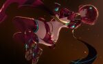  1girl armor ass bangs boots breasts butt_crack cait_aron commentary covered_navel earrings fingerless_gloves gloves jewelry large_breasts looking_at_viewer nintendo pyra_(xenoblade) red_background red_eyes red_shorts redhead shorts shoulder_armor sidelocks smile solo swept_bangs thigh-highs tiara xenoblade_chronicles_(series) xenoblade_chronicles_2 