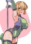  1girl absurdres akatsuki_kirika armpits arms_up blonde_hair blush breasts gloves green_eyes green_hoodie green_leotard hair_ornament highres hood hoodie leotard looking_at_viewer medium_breasts momo_nosukeee open_mouth pole pole_dancing scythe senki_zesshou_symphogear shiny shiny_hair shiny_skin short_hair smile solo striped striped_legwear sweat x_hair_ornament 