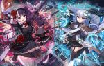  2girls akabane_(zebrasmise) bird breasts building cape commentary_request dove flower gothic_lolita hakase_fuyuki large_breasts lolita_fashion long_hair looking_at_viewer multiple_girls nijisanji official_art rose silver_hair spread_legs thigh-highs twintails virtual_youtuber watermark weapon wixoss yorumi_rena 