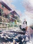  1girl absurdres apron building cherry_blossoms dappled_sunlight day gate gloves highres holding huge_filesize lens_flare letter maid maid_apron maid_headdress medium_hair original outdoors railing scenery solo sonna_watashi suitcase sunlight tree walking white_gloves white_hair 