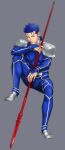  1boy armor beads blue_hair bodysuit bulge claptrack closed_mouth cu_chulainn_(fate)_(all) earrings fate/stay_night fate_(series) full_body gae_bolg grey_background grin hair_beads hair_ornament highres holding holding_polearm holding_weapon jewelry knee_up lancer long_hair looking_to_the_side male_focus muscle one_eye_closed pauldrons polearm ponytail red_eyes shoulder_armor simple_background skin_tight smile solo spiky_hair type-moon weapon 