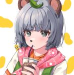  1girl amopui animal_ears animal_nose bangs cup disposable_cup drinking drinking_straw grey_eyes grey_hair holding holding_cup leaf leaf_on_head looking_at_viewer mode_aim peanuts-kun ponpoko_(vtuber) raccoon_ears scarf short_hair two-tone_background upper_body virtual_youtuber 