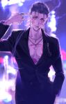  1boy alternate_costume blue_hair bodypaint buttons chain cigarette cu_chulainn_(fate)_(all) cu_chulainn_alter_(fate/grand_order) dark_persona earrings facepaint fate/grand_order fate_(series) glowing glowing_eyes hand_in_pocket iz_izhara jacket jewelry long_hair looking_at_viewer male_focus muscle necklace open_clothes open_jacket outrage_(fate/grand_order) pointing pointing_at_self ponytail red_eyes ring smoke smoking solo spiky_hair type-moon unbuttoned 