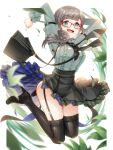  1girl :d arms_up bag bangs black_footwear black_legwear black_neckwear blue_skirt blurry blurry_foreground blush breasts brown_hair buttons center_frills character_request cluseller commentary_request copyright_request depth_of_field eyebrows_visible_through_hair frilled_skirt frills full_body garter_straps glasses green_eyes green_shirt green_skirt green_theme high-waist_skirt high_heels highres jumping lace lace-trimmed_legwear lace_trim large_breasts leaf long_hair long_sleeves looking_at_viewer miniskirt mole mole_under_mouth necktie open_mouth petticoat plaid red-framed_eyewear shirt shirt_tucked_in simple_background skirt smile solo thigh-highs thighs unmoving_pattern white_background 