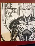  1boy absurdres android black_sclera cable closed_mouth dated earrings genos greyscale highres jewelry jitome looking_at_viewer male_focus monochrome murata_yuusuke official_art one-punch_man photo_(medium) robot short_hair signature solo traditional_media upper_body 
