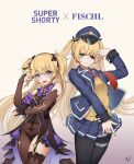  2girls alternate_costume ark_john_up bangs black_eyepatch black_nails black_ribbon blonde_hair blue_eyes blue_jacket blue_skirt blush commentary_request cosplay cowboy_shot fischl_(genshin_impact) fischl_(genshin_impact)_(cosplay) genshin_impact girls_frontline gradient gradient_background grey_background hair_ribbon hat height_difference jacket long_hair multiple_girls necktie open_clothes open_jacket open_mouth pleated_skirt red_neckwear ribbon skirt smile super_shorty_(girls_frontline) super_shorty_(girls_frontline)_(cosplay) two_side_up 