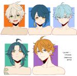  5boys bandaid bandaid_on_face bangs bennett_(genshin_impact) black_hair blue_eyes blue_hair chongyun_(genshin_impact) closed_mouth collarbone earrings english_text genshin_impact green_eyes green_hair hair_over_eyes highres jewelry looking_at_viewer multicolored_hair multiple_boys open_mouth orange_hair otoko_no_ko short_hair simple_background single_earring slit_pupils smile sushisalmon95 tartaglia_(genshin_impact) tattoo white_background white_hair xiao_(genshin_impact) xingqiu_(genshin_impact) yellow_eyes 