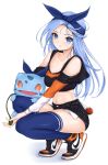  1girl alternate_color bare_shoulders black_shirt black_shorts blue_eyes blue_hair blue_legwear blue_theme breasts bulbasaur chaesu clothing_cutout collarbone crop_top denim denim_shorts exposed_pocket gen_1_pokemon hair_ribbon highres hood hood_down hooded_shirt long_hair long_sleeves looking_at_viewer medium_breasts midriff minah_(chaesu) navel nike original pokemon ribbon shirt shoes short_shorts shorts shoulder_cutout simple_background sneakers solo squatting starter_pokemon stomach thigh-highs thighs white_background 