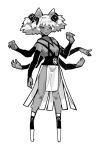  1girl animal_ear_fluff animal_ears between_breasts breasts cat_ears collarbone commentary_request dark_skin dark-skinned_female detached_sleeves dice_hair_ornament extra_arms four_side_up full_body greyscale hair_ornament half-closed_eyes long_sleeves looking_at_viewer monochrome monster_girl no_feet open_mouth original pelvic_curtain red_sclera revealing_clothes see-through shawn_ger_lin short_eyebrows short_hair short_twintails side_slit simple_background skirt slit_pupils smile solo spot_color standing thick_eyebrows twintails white_background yellow_eyes 