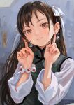  1girl blush bracelet brown_hair china_dress chinese_clothes chinese_text dress earrings ears_touching eyeball fkey gesture gesture_request green_dress grin hair_ribbon highres jewelry long_hair long_sleeves looking_at_viewer original pointing pointing_at_self rain ribbon smile white_ribbon yellow_eyes yin_yang 