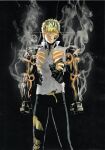  1boy android black_background black_sclera blonde_hair clenched_teeth closed_mouth earrings genos glowing glowing_eyes jewelry looking_at_viewer male_focus mechanical_arms murata_yuusuke official_art one-punch_man pants popped_collar robot shirt short_hair smoke solo standing steaming_body teeth torn_clothes torn_pants torn_shirt white_shirt yellow_eyes 