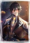  1boy bangs black_gloves black_hair blurry blurry_background brown_hair changgomeep closed_mouth collar formal genshin_impact gloves hair_between_eyes highres jacket jewelry long_hair long_sleeves looking_at_viewer male_focus multicolored_hair single_earring solo suit yellow_eyes zhongli_(genshin_impact) 