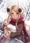  1girl bangs bare_tree belt blonde_hair blue_shorts blush breasts brown_coat closed_mouth coat dark_skin dark-skinned_female draph earrings eyebrows_visible_through_hair food granblue_fantasy highres horns jewelry kuvira_(granblue_fantasy) large_breasts lips long_hair long_sleeves looking_at_viewer outdoors paper pointy_ears red_scarf scarf shiao shorts smile snow solo sweater taiyaki tree wagashi white_sweater yellow_eyes 