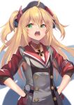  1girl admiral_hipper_(azur_lane) ahoge armpit_cutout armpits azur_lane bangs blonde_hair blush buttons choker clothing_cutout collarbone commentary_request double-breasted dress elbow_sleeve eyebrows_visible_through_hair flat_chest gloves green_eyes grey_dress hair_between_eyes hands_on_hips hat headgear highres iron_cross long_hair looking_at_viewer mole mole_under_eye open_mouth red_gloves red_sleeves shimotsuki_shio sidelocks simple_background sleeves_rolled_up solo standing teeth two_side_up upper_body white_background 