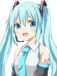 1girl :d bangs bare_shoulders black_sleeves blue_eyes blue_hair blue_neckwear blush breasts commentary detached_sleeves eyebrows_behind_hair hair_between_eyes hatsune_miku headset hisae_(hisae_collect) long_hair looking_at_viewer medium_breasts necktie open_mouth shirt sidelocks simple_background sleeveless sleeveless_shirt smile solo tattoo tie_clip twintails upper_body vocaloid white_background 