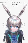  1girl amiya_(arknights) animal_ears arknights bangs black_jacket blue_eyes blue_neckwear blush brown_hair closed_mouth commentary_request flying_sweatdrops green_jacket hair_between_eyes highres jacket long_hair long_sleeves looking_at_viewer multicolored_hair rabbit_ears seia_(tikxxx) shiny shiny_hair short_hair simple_background solo white_background 