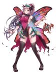  1girl armpit_crease bangs black_legwear blush bracelet breasts butterfly_wings covered_navel detached_sleeves dress elf english_commentary eyebrows_visible_through_hair facial_mark fairy fire_emblem fire_emblem_heroes forehead_mark groin hairband highres injury jewelry keipup knees_together_feet_apart large_breasts leotard long_hair looking_at_viewer necklace parted_bangs pelvic_curtain plant plumeria_(fire_emblem) pointy_ears ponytail red_eyes sideboob sidelocks silver_hair simple_background solo taut_clothes taut_dress thigh-highs thighs thorns torn_clothes twitter_username vines white_background wings 