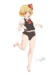  1girl ascot barefoot black_dress black_panties blonde_hair collared_shirt dress full_body furim hair_ribbon no_pants panties red_ascot red_eyes red_ribbon ribbon rumia shirt short_hair simple_background solo touhou underwear white_background white_shirt 