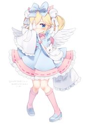  1girl animal apron bag bell blonde_hair blue_apron blue_bow blue_eyes blue_footwear blush bow closed_mouth commentary_request cutesu_(cutesuu) double_bun dress eyepatch feathered_wings frilled_sleeves frills full_body hair_bell hair_bow hair_ornament hair_ribbon highres jingle_bell kneehighs kokone_(coconeeeco) loafers long_sleeves medical_eyepatch original pink_dress pink_lips puffy_short_sleeves puffy_sleeves ribbon shoes short_over_long_sleeves short_sleeves shoulder_bag simple_background sleeves_past_fingers sleeves_past_wrists smile solo standing white_background white_ribbon white_wings wide_sleeves wings 